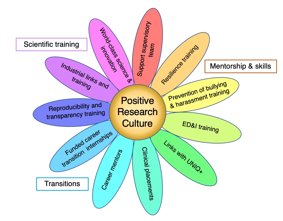 Multicoloured daisy wheel representing positive research culture